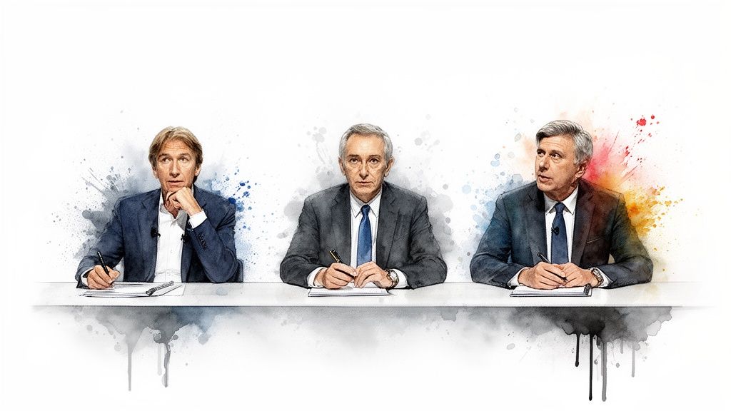 Drei Männer in Anzügen sitzen an einem Tisch, umgeben von bunten Aquarell-Spritzern, in einer Panel-Diskussion.