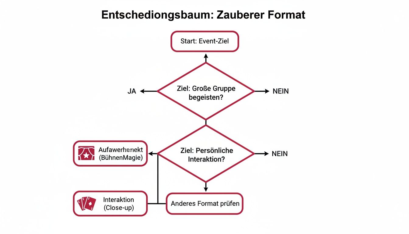 Entscheidungsbaum für Zauberer-Formate, der auf Event-Zielen wie Gruppenbegeisterung oder persönliche Interaktion basiert.