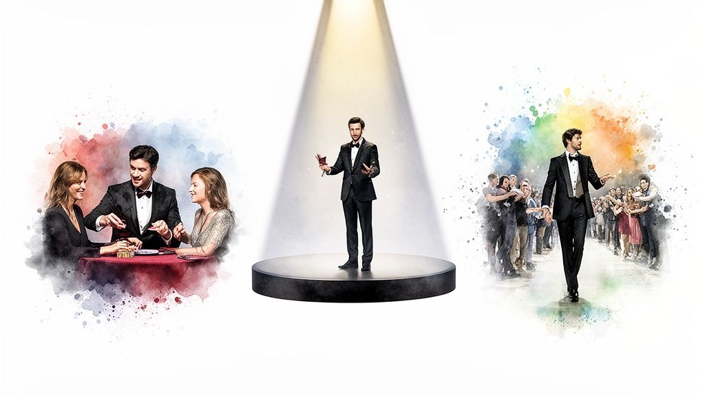 Ein Magier präsentiert sich in drei Szenarien: Nahaufnahme, Bühnenshow und Interaktion mit Gästen bei Events.