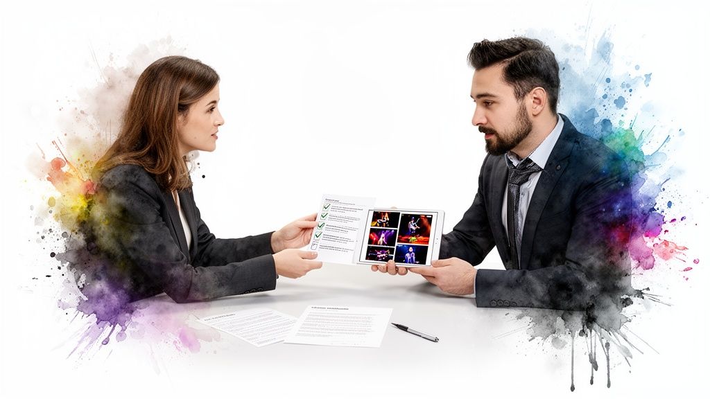 Zwei Geschäftsleute besprechen Pläne und überprüfen Inhalte auf einem Tablet, umgeben von farbenfrohen Farbspritzern.