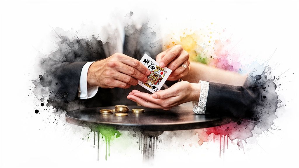 Nahaufnahme von Händen bei einem Kartentrick mit goldenen Münzen und künstlerischen Farbspritzern auf einem Tisch.