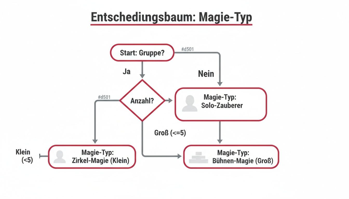 Ein Entscheidungsbaum, der verschiedene Magie-Typen (Solo, Zirkel, Bühne) basierend auf Gruppengröße darstellt.