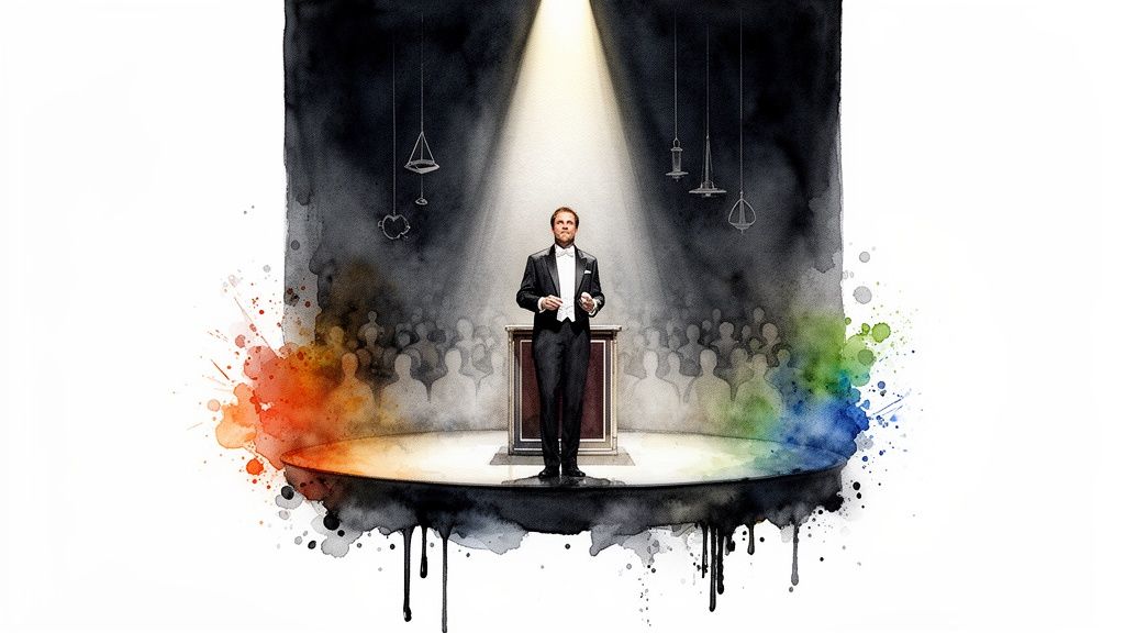 Ein Mann im Smoking steht auf einer Bühne unter einem Scheinwerferlicht vor Publikum, im Aquarellstil.