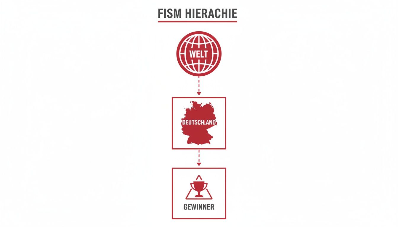 FISM Hierarchie: Eine grafische Darstellung des Weges vom globalen Wettbewerb über Deutschland zum Gewinner.