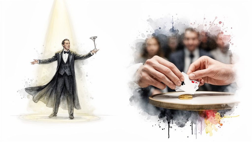 Illustration eines Magiers im Rampenlicht und Hände, die Spielkarten für einen Trick über einem Goldmünze halten.
